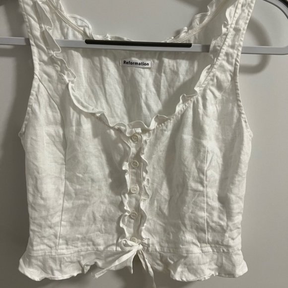 Reformation Kiera Tank Linen white Sleeveless Ruffle Ruffles crop Scoop tie top - Picture 6 of 7